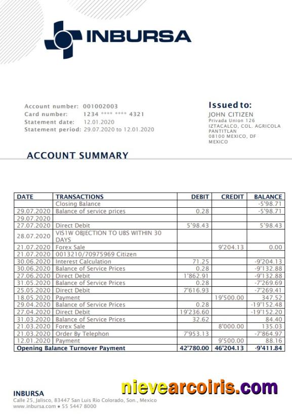 Mexico Inbursa Bank statement in Word and PDF format, good for address prove